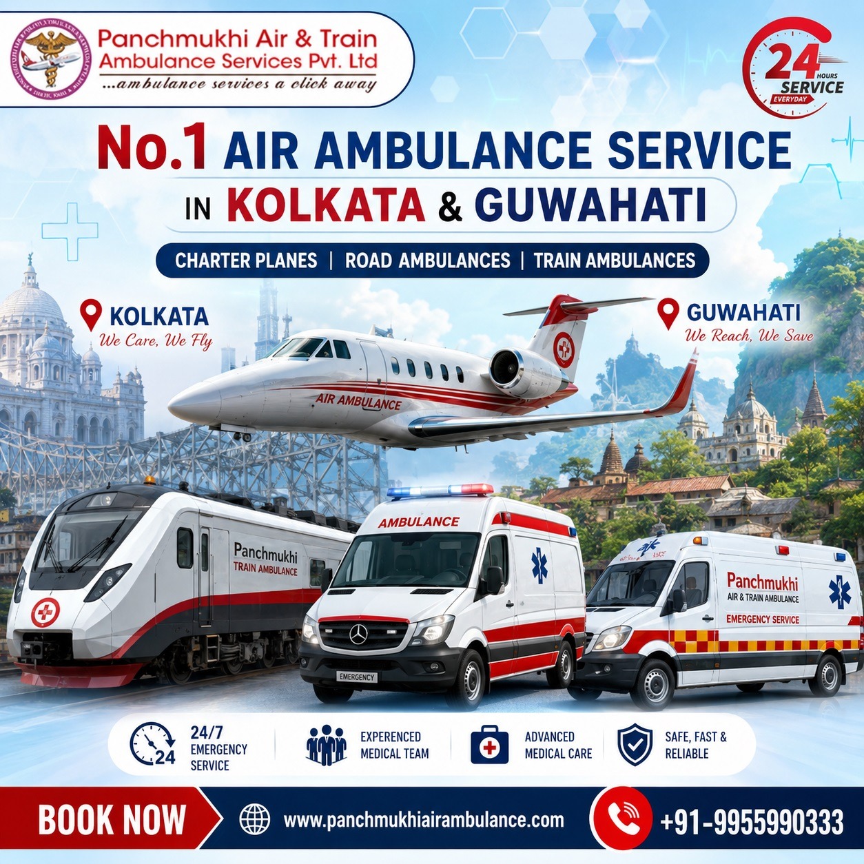 Receive Medical Transfer without Mortality at Panchmukhi Air Ambulance in Kolkata